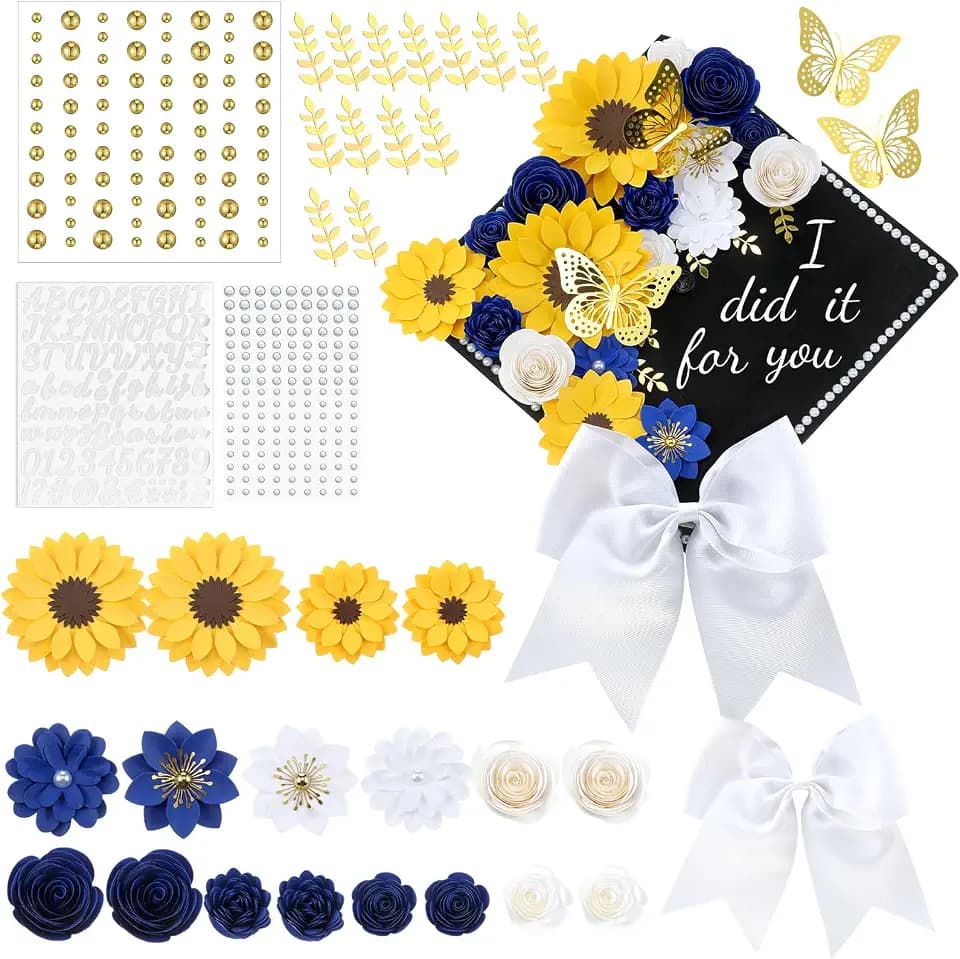 Thiccywoov 36 Pcs DIY Graduation Cap Decorations Kit, 3D Artificial Flowers Butterfly Stickers Rhinestones Letter Number Decals Golden Leaves White Bow for 2026 Grad Cap Decorations Party Supplies