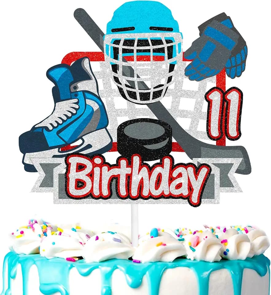 Ice Hockey Cake Topper Kids Athlete 11th Birthday Happy Puck Decoration, Boys and Girls Birthday Party, Ball Sports Party, Anniversary Party Decoration Supplies (11th)