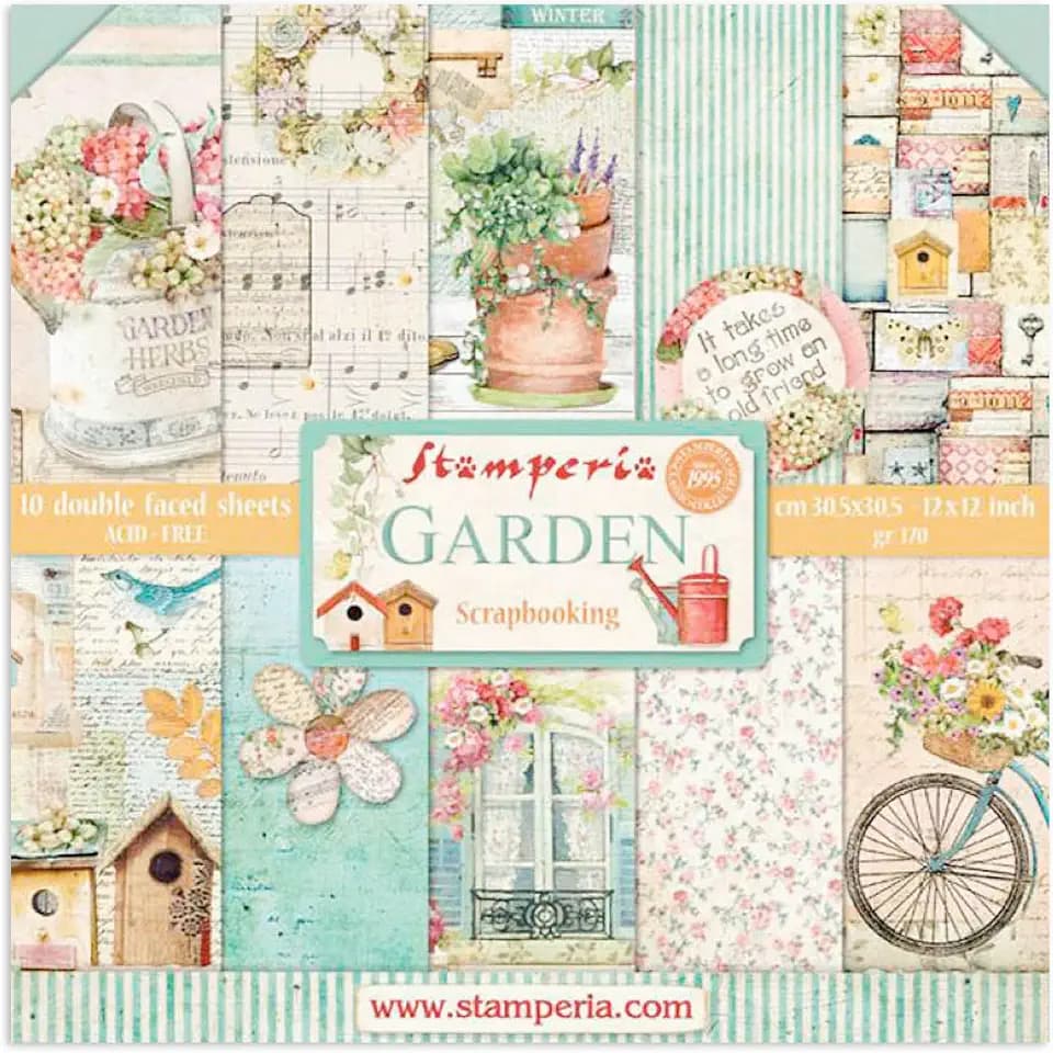 Stamperia- Scrapbook Paper Pad for Scrapbooking, Albums, Card Making, Bullet Journalling and More, Acid Free, Double-Sided, Perfect for Hobbies, Crafts, and Gifting (Garden) (30.5 x 30.5cm)