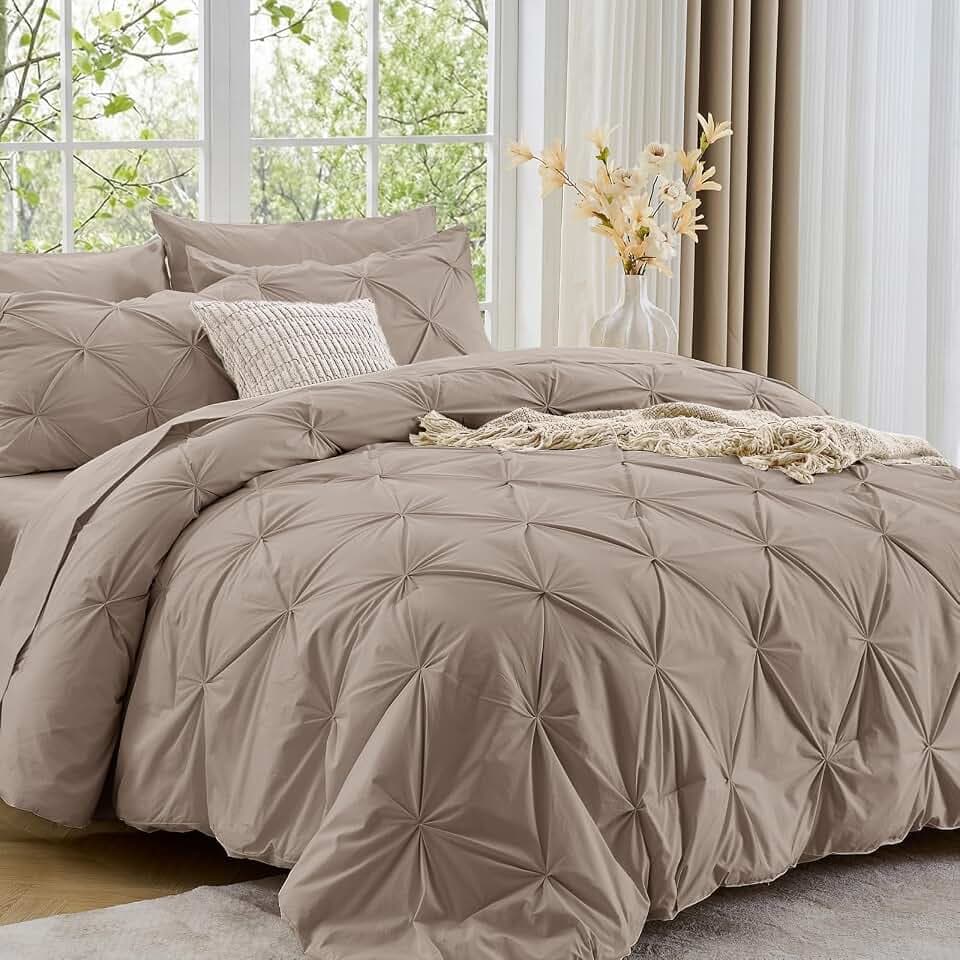 Sasttie Full Size Comforter Set, 7-Piece Bed in a Bag, Pintuck Bedding Set for All Season, Includes Comforter, Flat Sheet, Fitted Sheet, Pillowcases and Pillowshams, Dark Linen