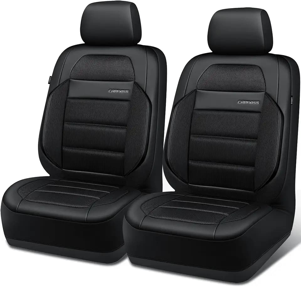 CAR PASS Memory Foam Seat Covers Front, Airy Cool Mesh Thick Car Seat Covers, Leather Car Seat Covers Front Seats Airbag Compatible, Universal Automotive Comfort for Most Cars, Trucks, SUV, Black