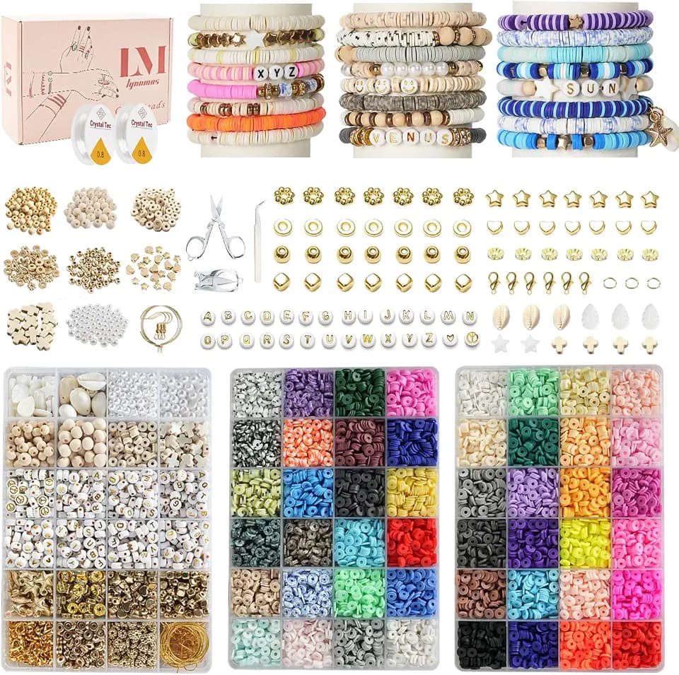 Lynnmos Perlen für Armbänder - 15000 Stück Clay Perlen zum Auffädeln mit Zubehör und Buchstabenperlen für einzigartige DIY Schmuckkreationen