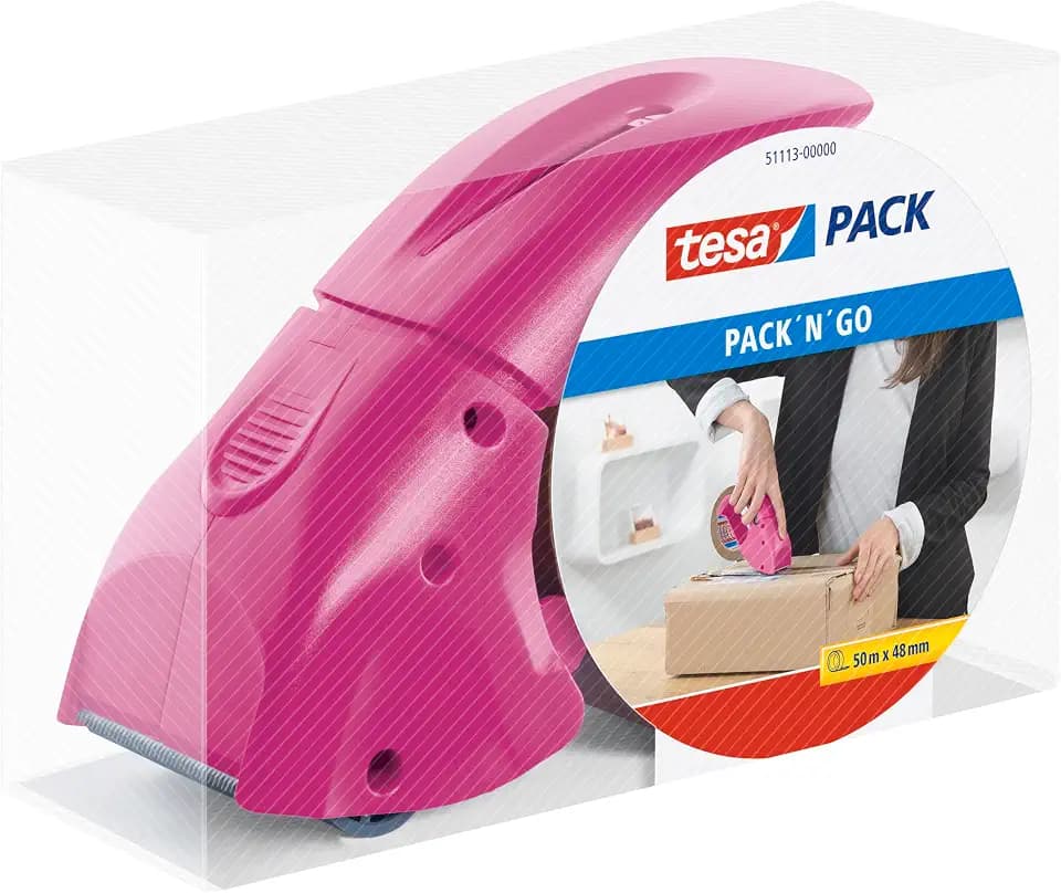 tesapack Abroller Pack' n' Go - pink - inkl. 50 m x 48 mm Klebeband