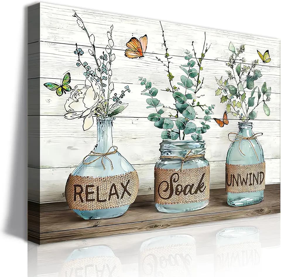 BJVJKSU Farmhouse Bathroom Wall Art Rustic Green Botanical Bathroom Canvas Wall Decor Relax Soak Unwind Painting Print Eucalyptus Butterfly Picture Artwork Decor(12x16in)