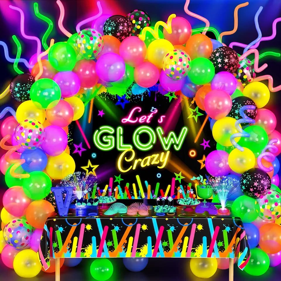 SNLN 161Pcs Neon Party Decorations Glow in the Dark Birthday Supplies Neon Balloon Arch Kit & Backdrop Tablecloth UV Blacklight Luminous Glow Balloons Kids Teen Adult Rainbow 80s 90s Disco Party Decor