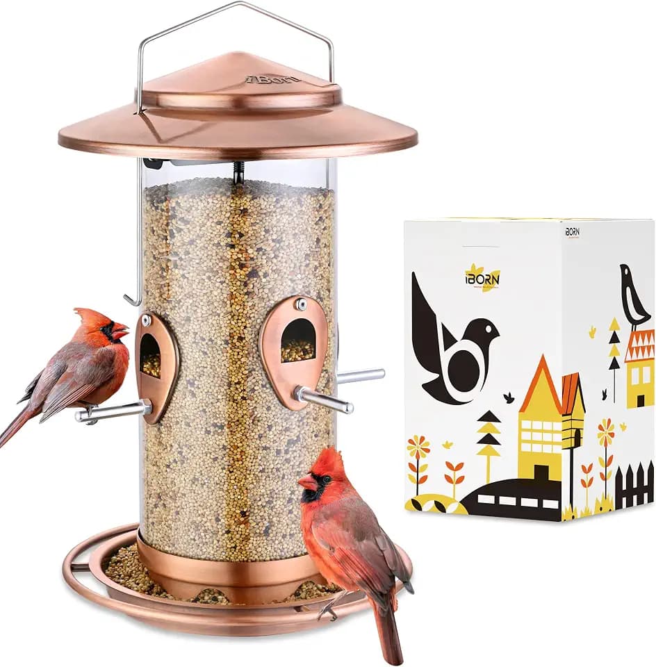 iBorn Metal Bird Feeder for Outside Hanging,Wild Bird Feeders for Cardinal,17.8cm Large Roof&Tray Copper-Plating 10 Port(Seed is not Included)