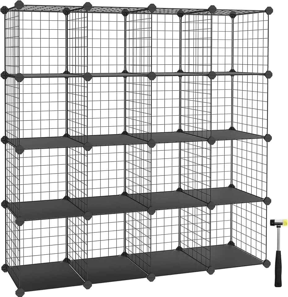 SONGMICS Steckregal aus Gitterplatte, Set aus 16 Würfeln, erweiterbar | Regalsystem, Würfelregal, 31 x 123 x 123 cm, für Schuhe, Bücher, Wohnzimmer, Schlafzimmer, schwarz, DAMION Kollektion LPI44H