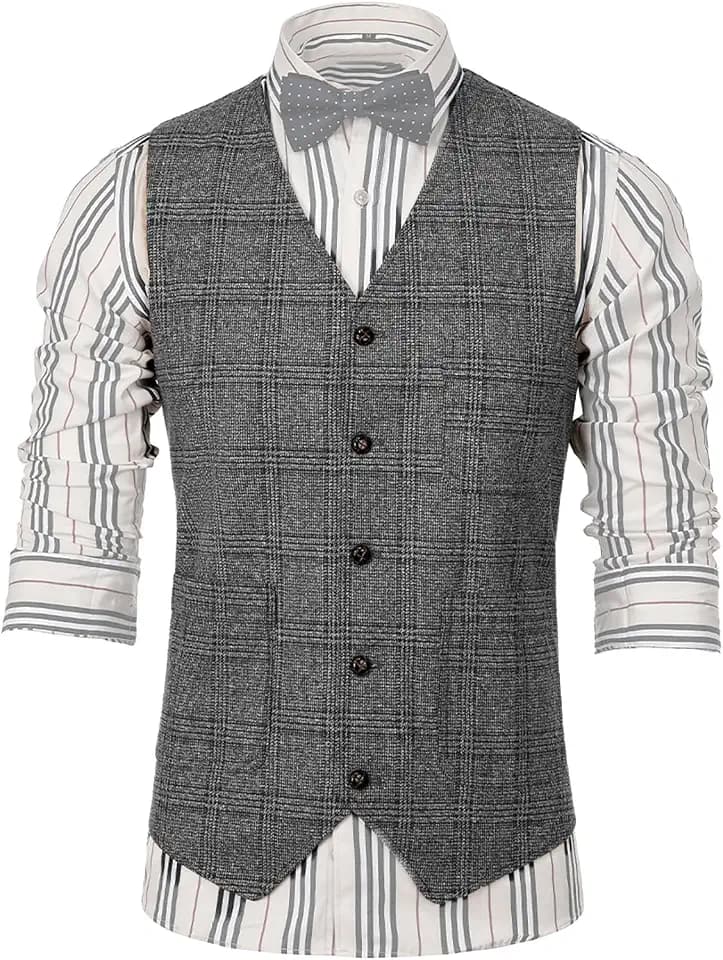 Solove-Suit Herren Elegant Anzug Weste Kariert Plaid Slim Fit Wolle Tweed Weste für Hochzeits(Grau,M)