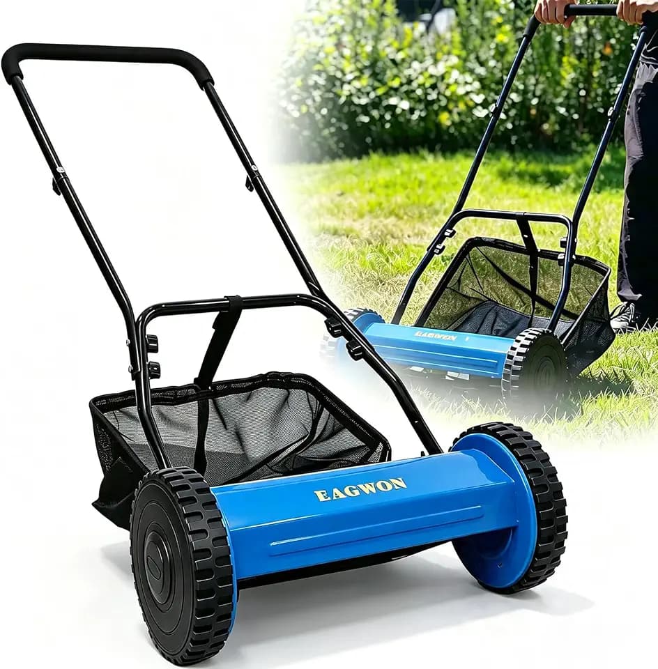 14-Inch 5-Blade Manual Push Reel Lawn Mower Cordless, with Removable Grass Catcher Bag & Adjustable Cutting Height, for Yard & Garden Grass Cutting, Blue