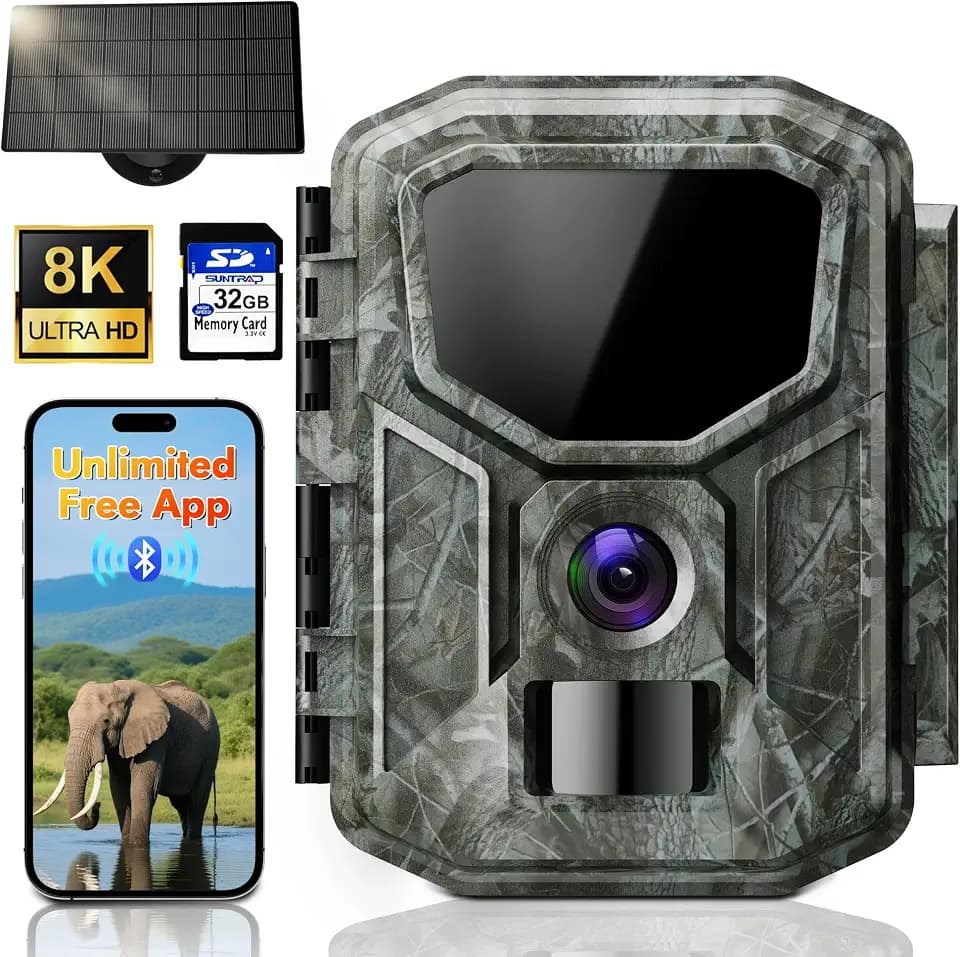 8K Solar Trail Camera with Unlimited Free App, 7800mAh Battery, 850nm Night Vision, 0.1S Motion Detection, IP66 Waterproof, Game Camera with 32GB Memory Card, Deer Camera