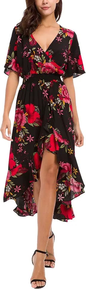 Kormei Womens Short Sleeve Floral Maxi Dress High Low V-Neck Party Dresses