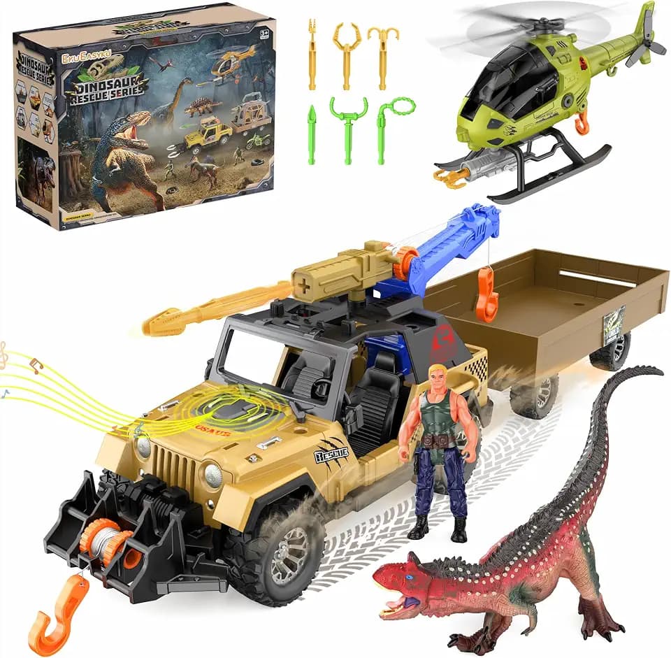 EKU Dinosaur Toys Truck with 10 Sounds, Transport Trailer, Tow Hook, 15ft Launch, Carnotaurus, Rescue Helicopter, Human, Christmas Birthday Gifts for Jurassic World Adventure Dino Kids 3+