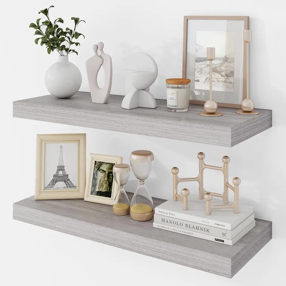 Acovy 24 Inch Floating Shelves, 9.3" Deep Floating Shelf Wall Mounted, 24" Wall Shelves, Rustic Deep Bookshelf, Large Display Shelves & Storage Shelves for Bedroom, Living Room, Gray, Set of 2