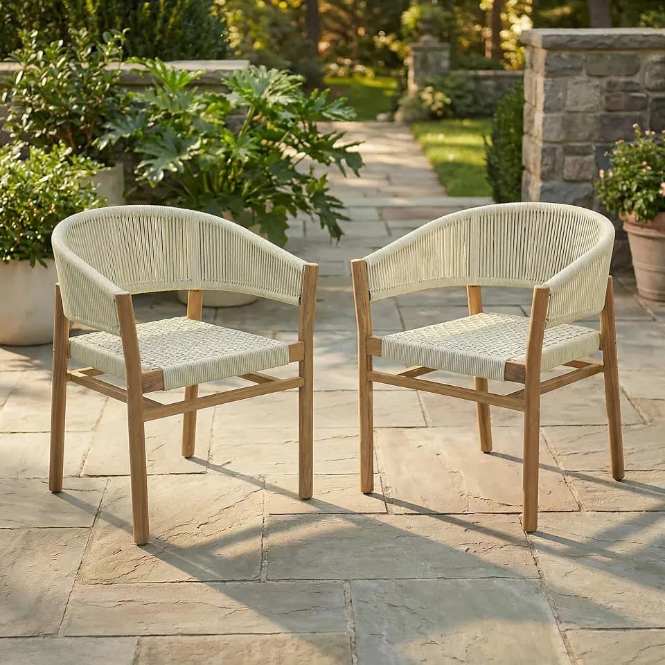 Merax 2 Set Outdoor Accent Chair, Acacia Wood Frame & Rope Seat, Comfortable Garden Seating Group, Elegant Double Outdoor Woven Chairs for Patio Balcony, Beige