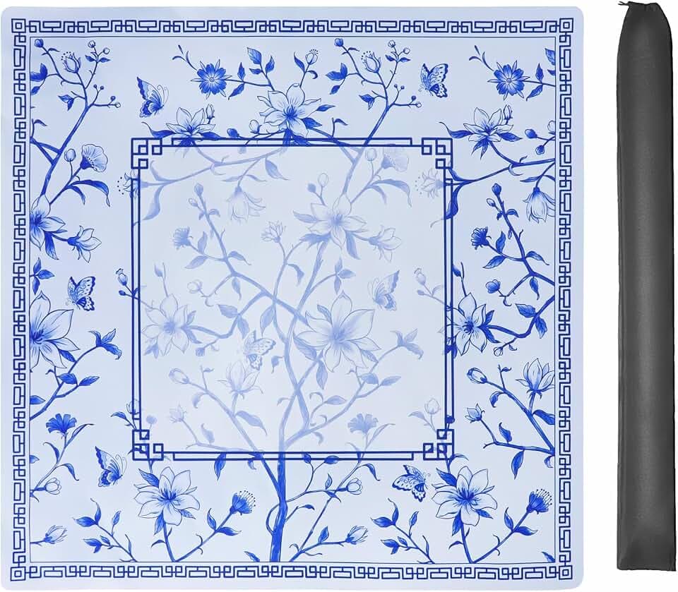 Jongyance Large Blue Printed Mahjong Mat (31.5”x31.5”) with Black Carrying Bag, Anti-Slip, Noise-Reducing, Mahjong Table Mat for Mah-jongg,Poker, Board Games, Dominoes, and Card