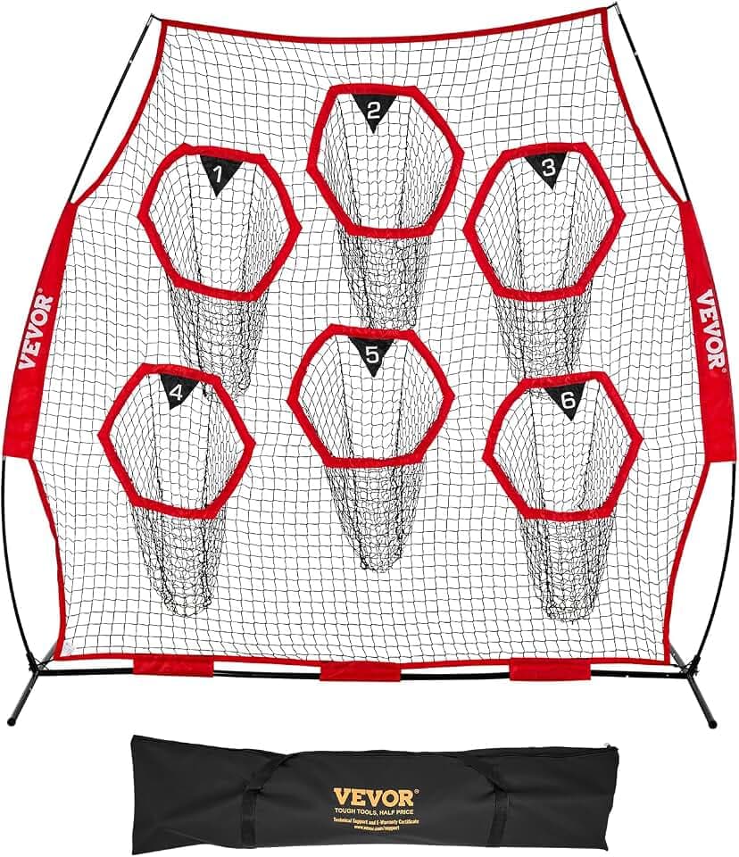 VEVOR Fußballtrainer Wurfnetz Übungsnetz (274 x 106 x 243 cm) mit 6 Zieltaschen & tragbarer Aufbewahrungstasche & Gurten, Wurfelziel-Training für die Passgenauigkeit des Quarterbacks, rot