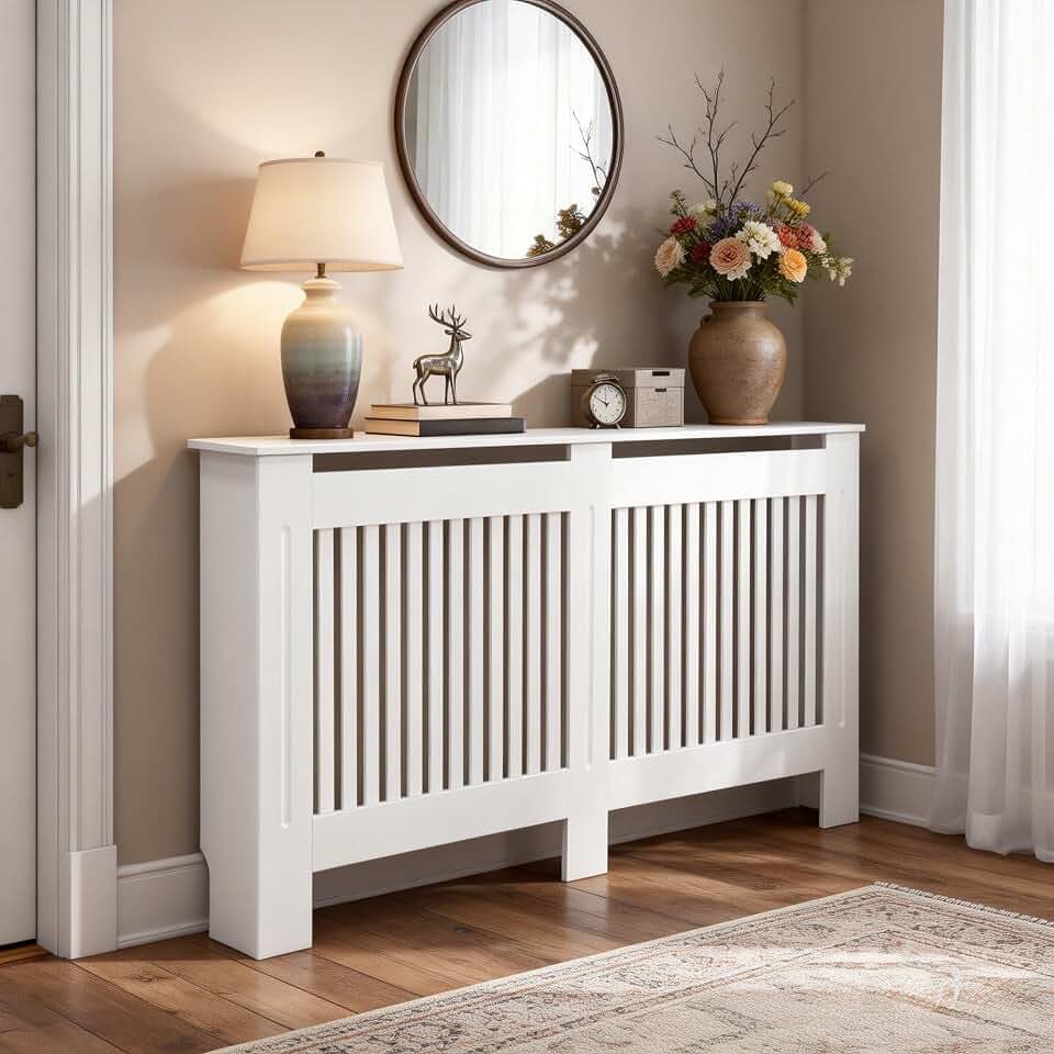FATIVO Heizkörperverkleidung Weiß 152×19×92 cm Vertikal Lamellen Holz MDF