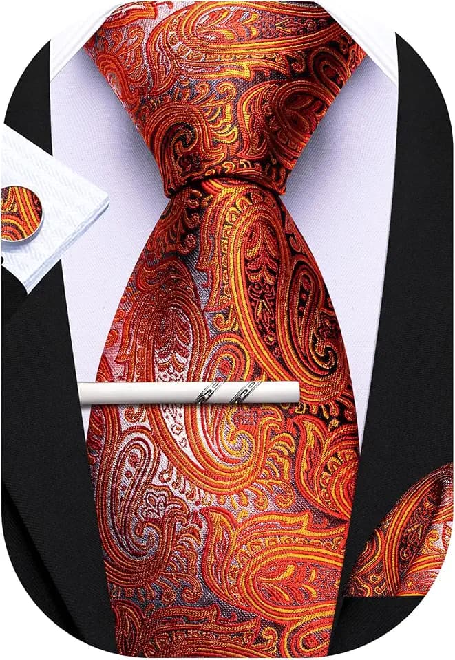 Barry.Wang Herren Seiden-Paisley-Krawatten mit Taschentuch Manschettenknopf Krawattenset Feierliche Hochzeit 3PCS