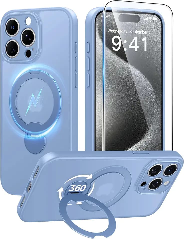 FNTCASE for iPhone 15 Pro Max Case with 360 Spin Magnetic Stand Light Blue