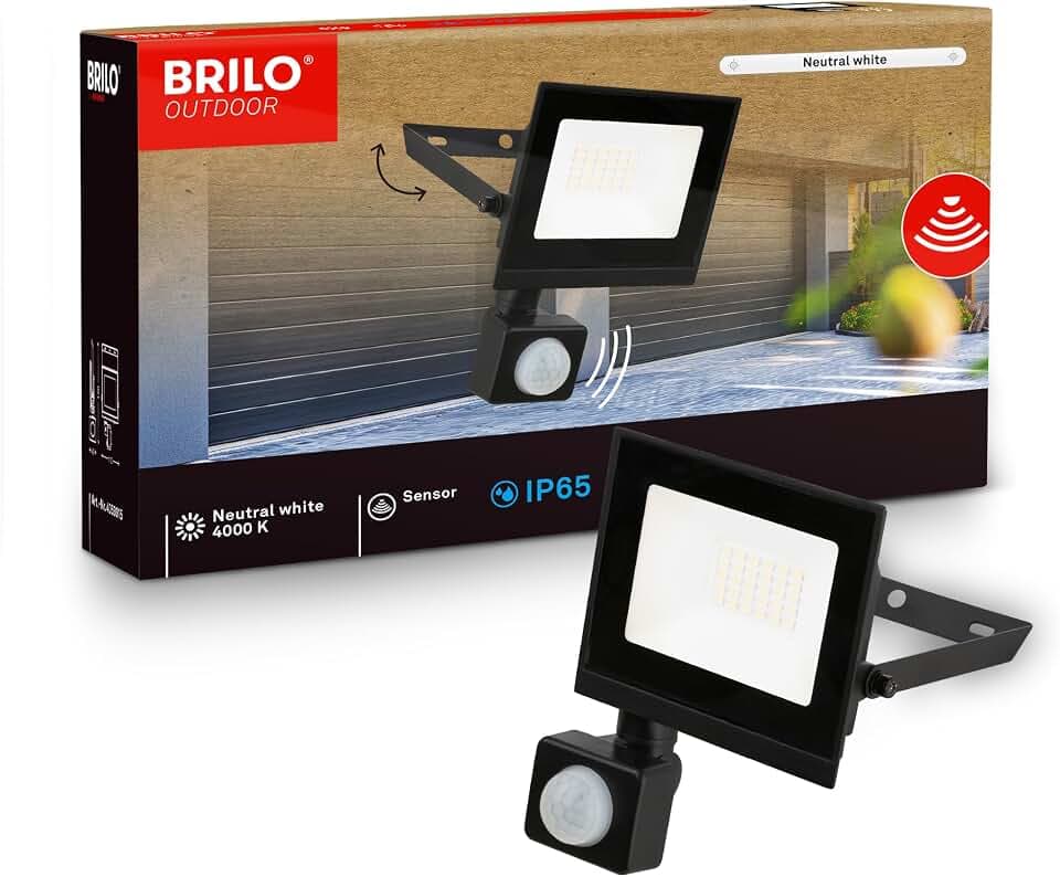 BRILONER - LED Strahler außen mit Bewegungsmelder, 20W 1800lm, Schwenkbar, IP65 Staub- und Strahlwasserschutz, Neutralweiß, Fluter, Flutlicht, Außenstrahler, Scheinwerfer, 11x17x4 cm, Schwarz