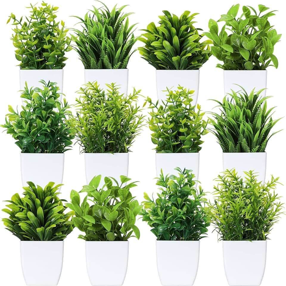 Unittype 12 Pcs Small Fake Plants Artificial Faux Plants, White Pot, Green