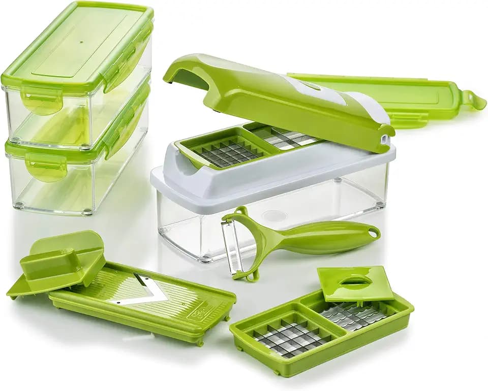 Genius Nicer Dicer Smart | 13 Teile | Gemüseschneider | Zwiebelschneider | Schneiden / Würfeln / Hobeln / Stifteln / Schälen / Aufbewahren | Mandoline | Multischneider | Gemüsehobel | Obstschneider | NEU, 22.2 x 10 x 8.1999999999999993 cm