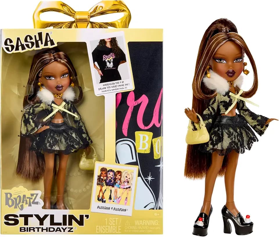 Bratz Stylin’ Birthdayz Sasha Fashion Doll with Customizable T-Shirt for You and Accessories
