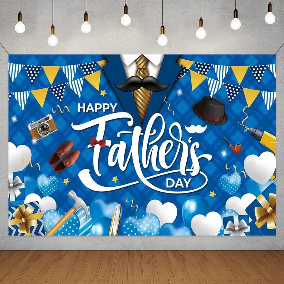 Father's Day Backdrop, Happy Fathers Day Decorations Blue Gold Dad Party Banner Background with Mustache Tools Balloons Gifts Pennants for Photo Booth, 71 x 43 Inch