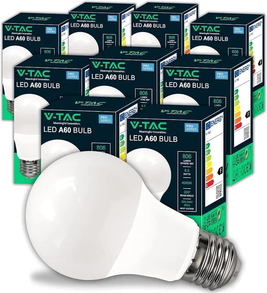 V-TAC 10x LED Glühbirne E27-8,5W -[ HÖCHSTE EFFIZIENZ ] – A60 – (Entsprechen 60W) – LED-Lampen der Neuen Generation mit Energieeinsparung – 806 Lumen – Licht 4000K Neutralweiß