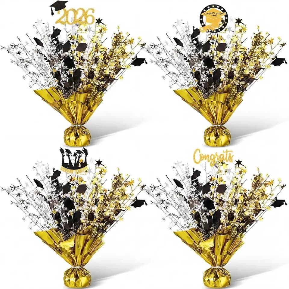 4 Pcs Graduation Table Centerpieces Metallic Plastic Gleam Burst Centerpiece Black Gold Graduation Cap Glitter Foil Centerpiece for 2026 Congrats Grad Party Decoration