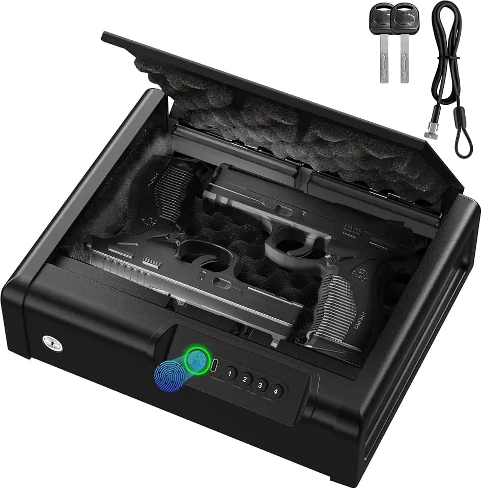 Locksworth Small Biometric Gun Safe for Handgun, 3 Ways Quick Access Fingerprint Safe with Keypad & Key, Compact Pistol Safe with LED Light for Nightstand Bedside Home Car Use, Steel Cable Included