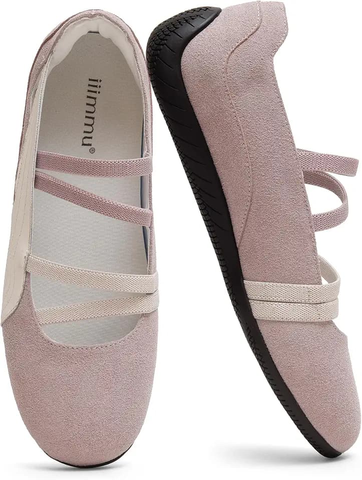 iiimmu Women's Ballet Flats with Elastic Cross Straps Comfortable Slip On Flats Lightweight Casual Walking Shoes for Work Travel Faux Suede (7, Pink White)