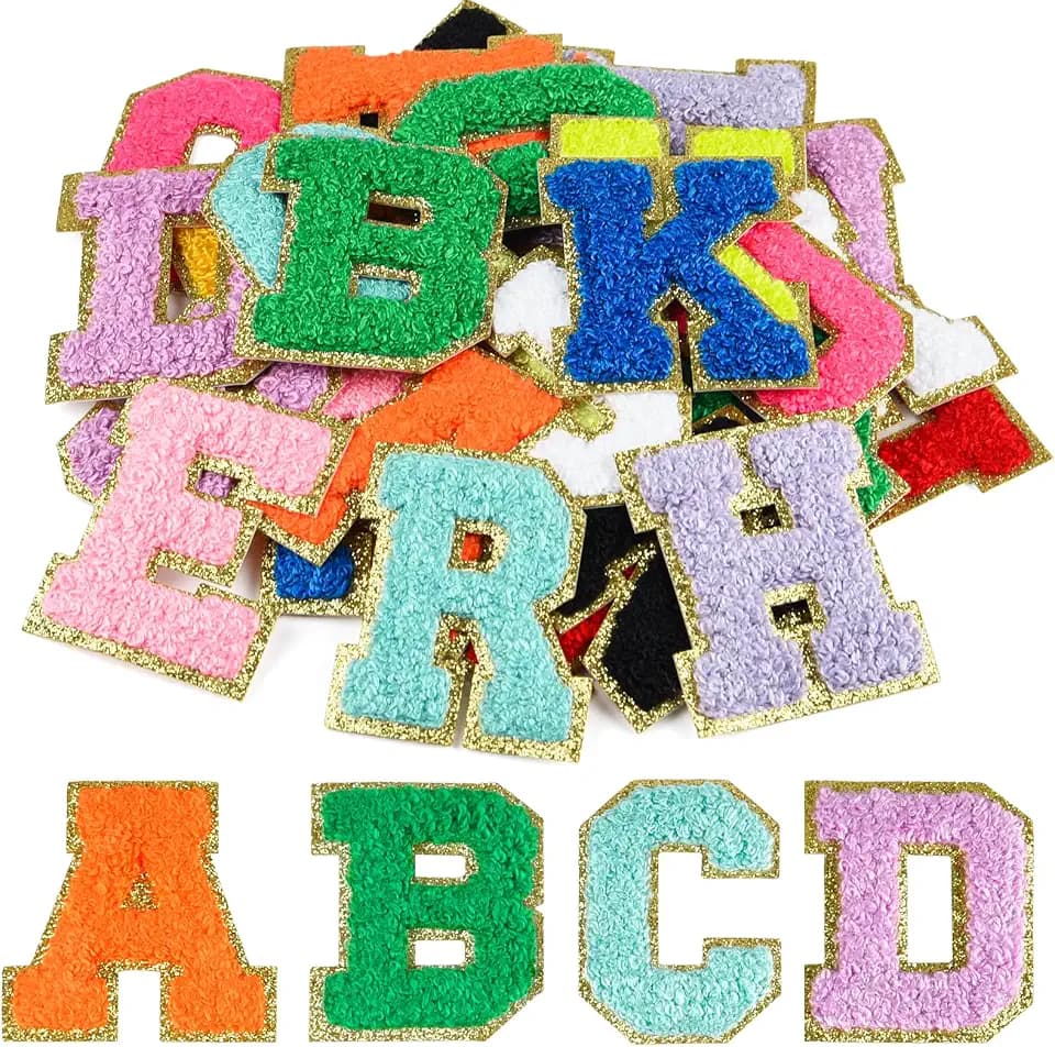 CHRORINE 26/52/104 Stück Selbstklebende Chenille Buchstabenflicken A-Z, Kann auch Nähen oder Bügeln, Bestickte Alphabet Patch Aufkleber für DIY Kleidung, Taschen, Hüte (26, Mehrfarbig, Höhe 2,16″)
