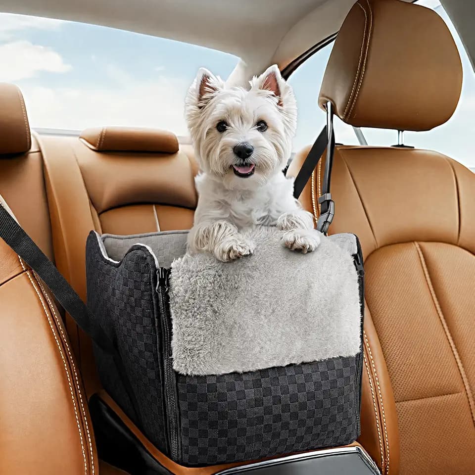 BONTHEE Center Console Dog Car Seat for Small Dogs- Anti-Collapse Design with Soft Plush & Sturdy Support Board, Adjustable Safety Leash for Small Dogs & Cats up to 15 lbs