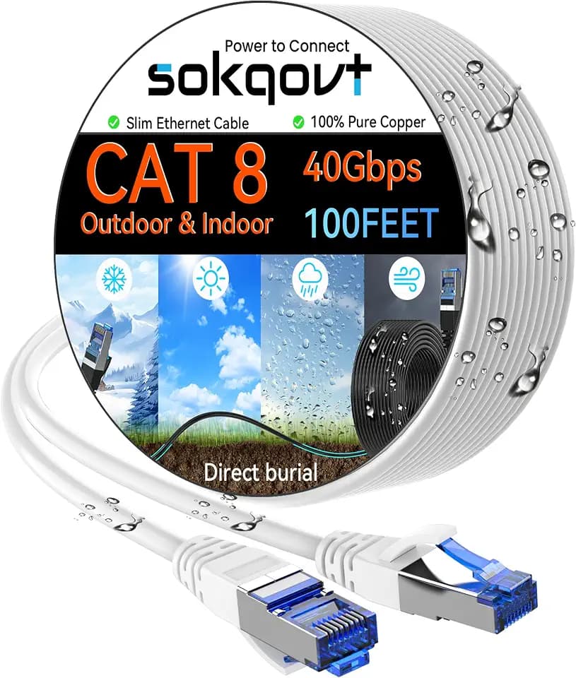 Sokqovt Cat 8 Ethernet Cable Slim 100ft Outdoor&Indoor, Pure Copper Cat8 Internet Cable for Waterproof & Direct Burial, Flexible Cat8 Ethernet Cable 40G 2000MHZ, Cat 8 Network Cable for Indoor White