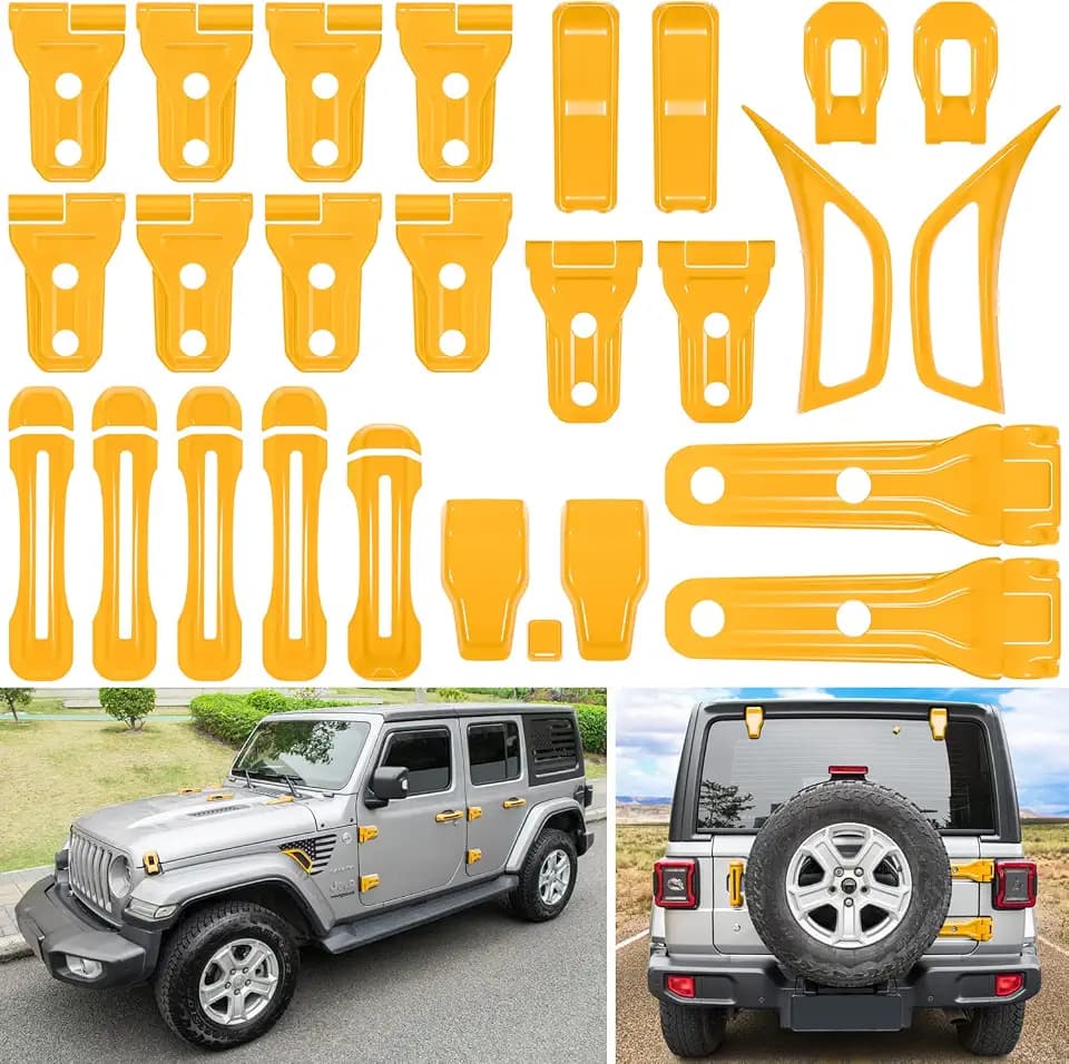 26PCS Full Set Exterior Decoration Trim Kit for Jeep Wrangler JL JLU 2018-2023 Door Hinge Handle Engine Hood Hinge Hood Latch Wheel Eyebrow Side Air Outlet Rear Tailgate Window Hinge Cover (Yellow)