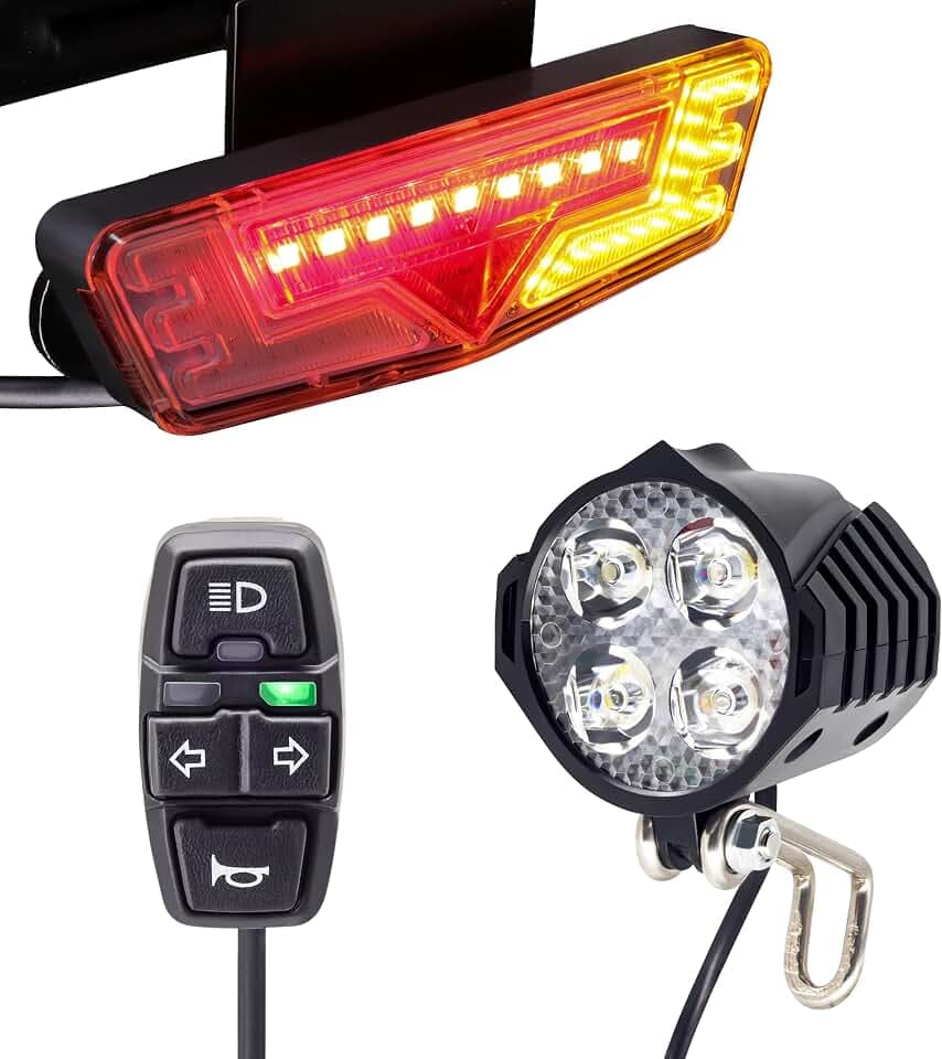 EBike Turn Signals Light Kit, Front Headlight 400 Lumens, Rear Taillight 80mm Hole Spacing (Mounting Bracket to Fit 50mm Rack Holes), Handlebar Control Switch, for E-Bike and Electric Scooter 12V-48V