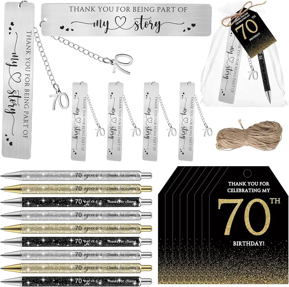 Sinload 24 Set 70th Birthday Favors for Guest Glitter Pen Bookmark Card Bag