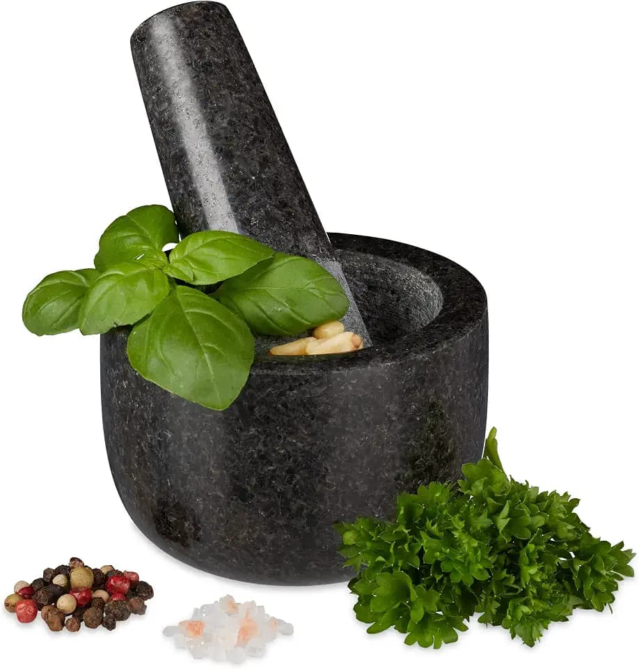 Relaxdays Granit Mörser mit Stößel, robust & langlebig, Gewürze, grau