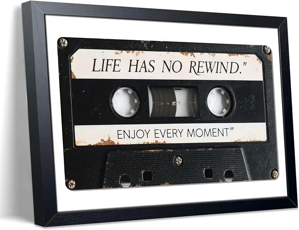 Framed Vintage Cassette Tape Wall Art, Audio Tape Canvas Print Painting, Life Has No Rewind Enjoy Every Moment Inspirational Music Quote Wall Decor for Bedroom Music Lover Home Decor 12x16 Inch