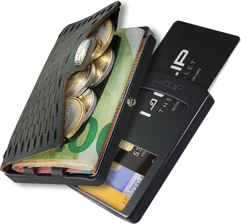 I-CLIP Original Geldbörse mit Münzfach - Slim Wallet - Leder Geldbörse mit Geldklammer - Schwarz mit schwarzem Rahmen