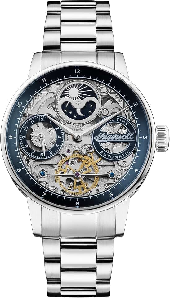 Ingersoll The Jazz 42 mm Automatik-Mondphasenuhr für Herren mit skelettiertem Zifferblatt und Edelstahlarmband