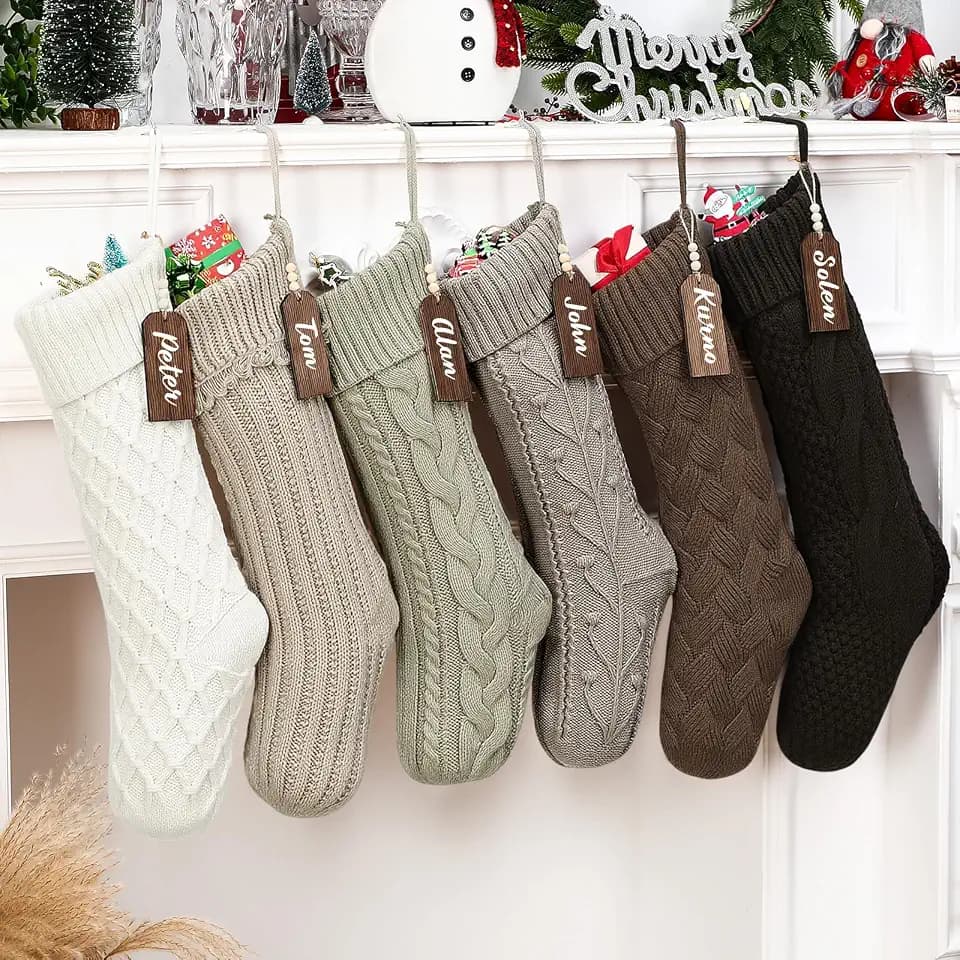 Skicuff 6 Pcs 18'' Neutral Personalized Christmas Stockings, Rustic Farmhouse Cable Knitted Fireplace Hanging Stocking with Wooden Name Tags, Boho Earth Tones Xmas Gifts for Family Holiday Party Decor