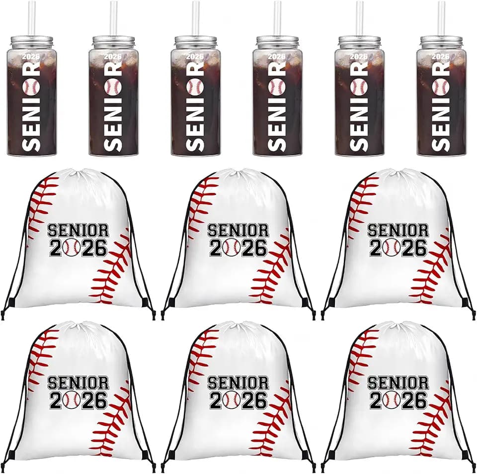 Skylety 12 Pcs Baseball 2026 Senior Night Gifts 6 Pcs 13.5 oz Plastic Baseball Cups with Lid and Straw and 6 Pack Drawstring Bags for Sports Team Gifts