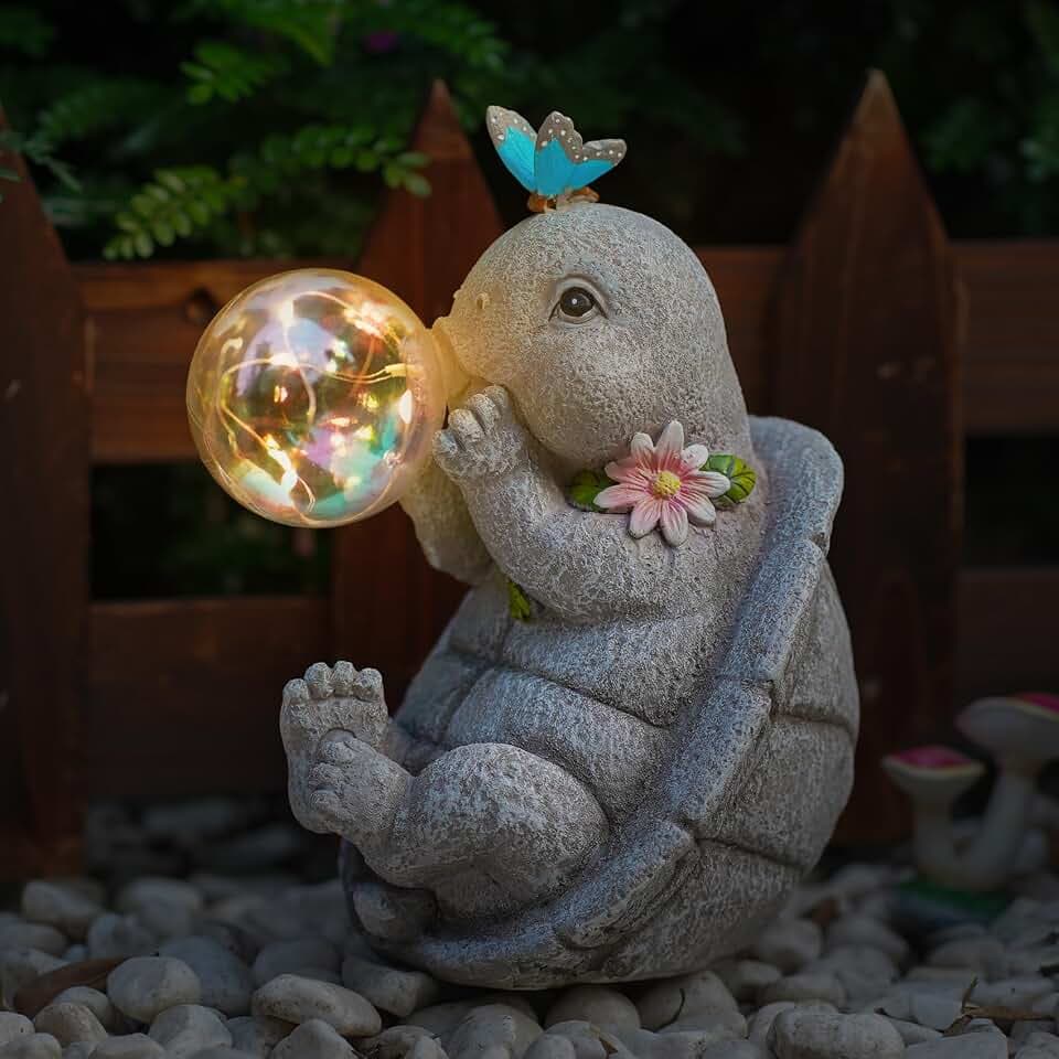 Solar Turtle Statues Garden Decor with Bubble LED Light Mother Gift