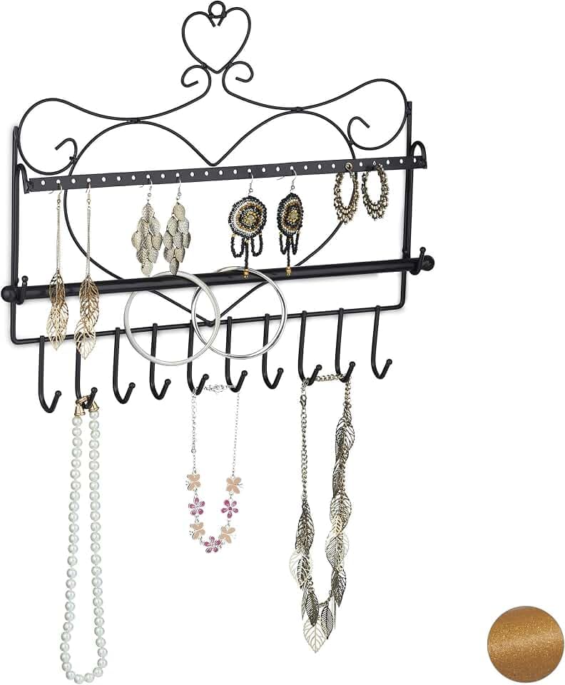 Relaxdays Schmuckhalter Wand, für Ketten, Ohrringe & Armbänder, schwarz