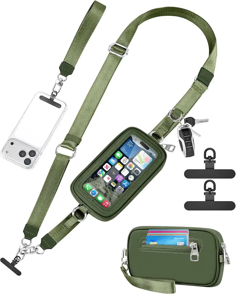 SHANSHUI Crossbody Phone Lanyard with Wallet, Adjustable Neck Lanyard, Detachable Wristlet Wallet with Zipper Phone Screen ID Window, 2x Tether Tabs Compatibe for iPhone & Most Cellphones Green