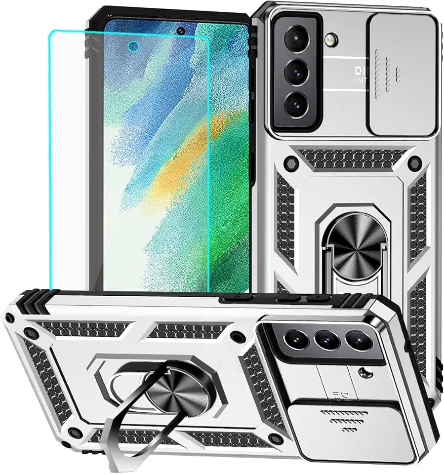for Samsung S21 FE Case with Screen Protector: [Military Grade 20ft. Drop Tested] Ring Shockproof Protective Phone Case for -Samsung Galaxy S21 FE (Silver)