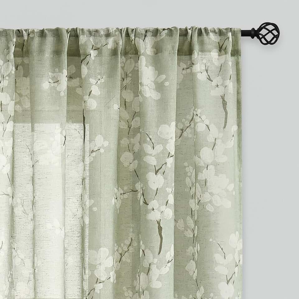 FMFUNCTEX Linen Sheer Blossom Floral Curtains Sage Green 84 Inch 2 Panels