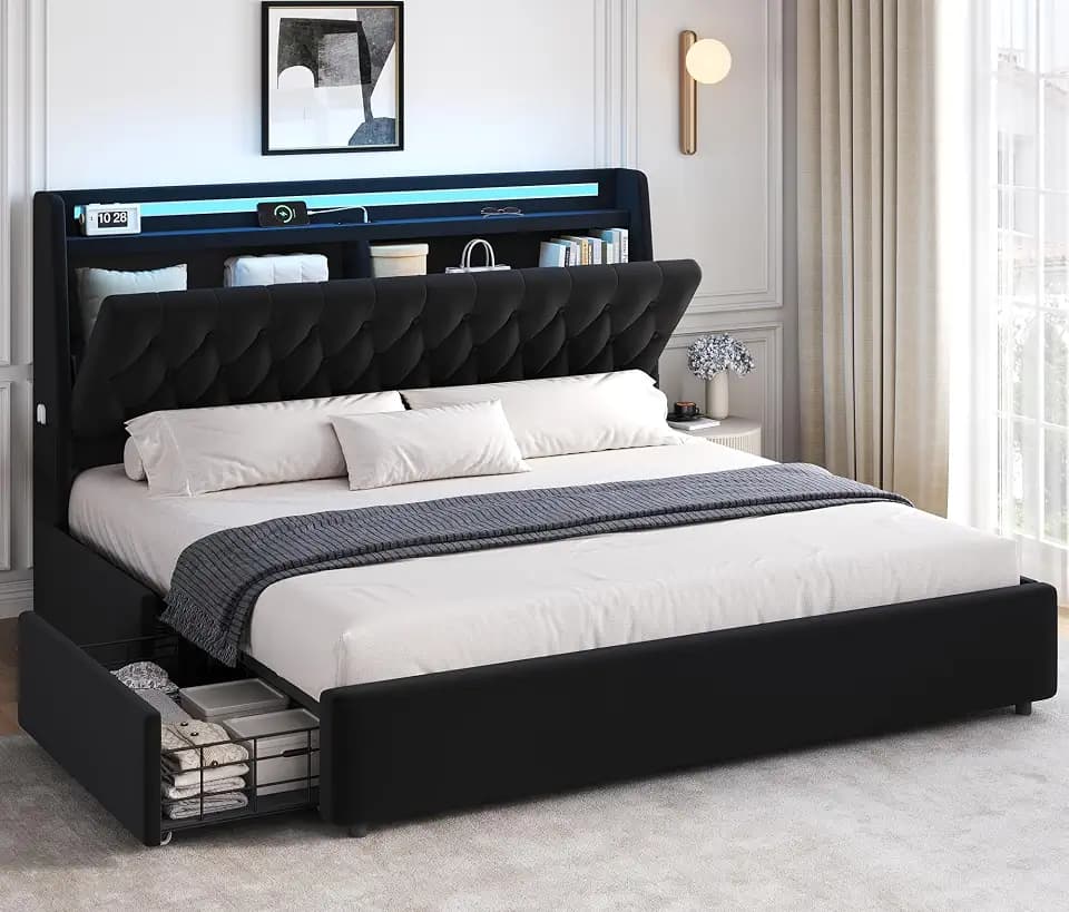 Jocoevol King Size Bed Frame with 2 Storage Drawers & Hidden Headboard